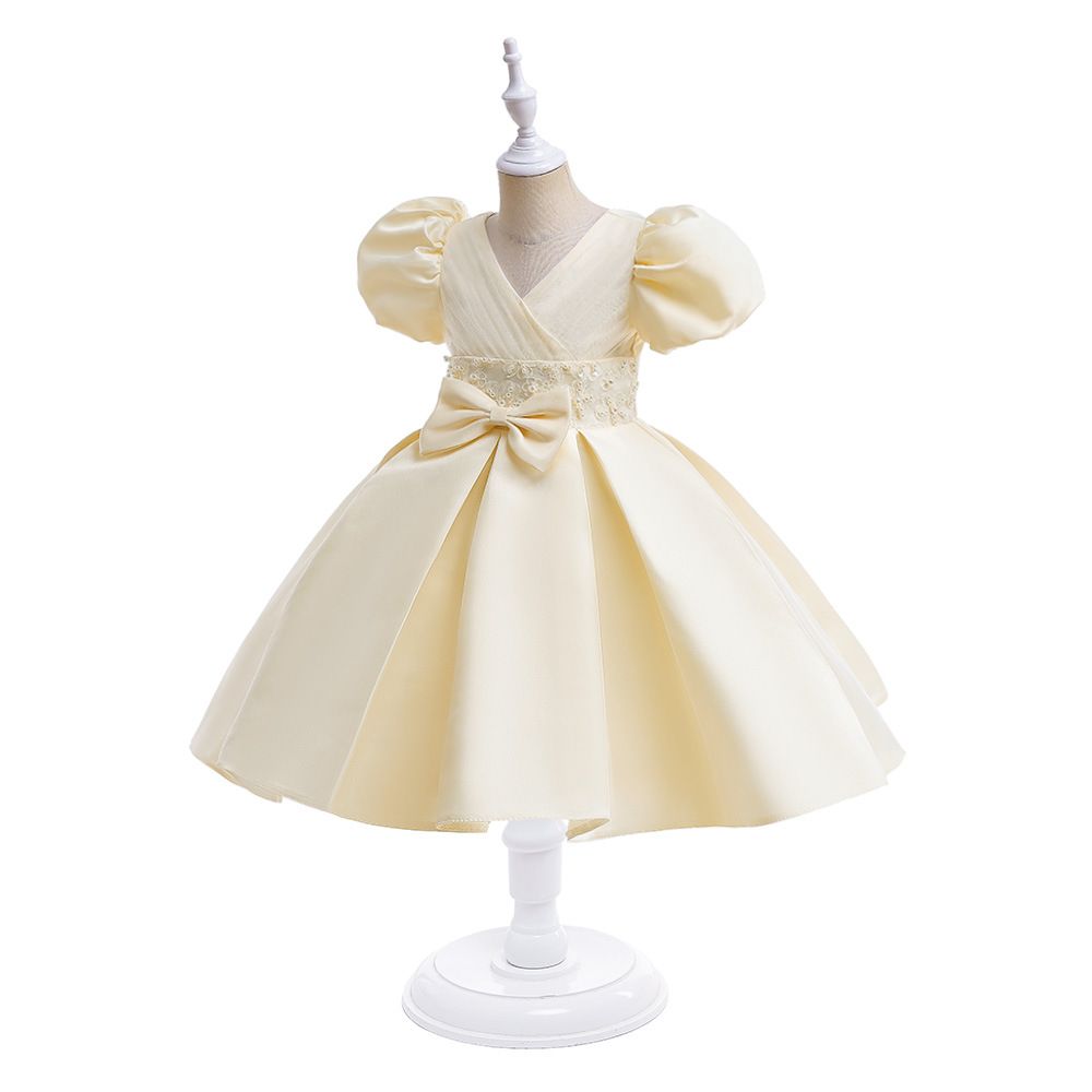 Elegant Satin Princess Dress for kids dress with Puffy Sleeves and Large Bowknot Perfect for Weddings, Performances, Fashion