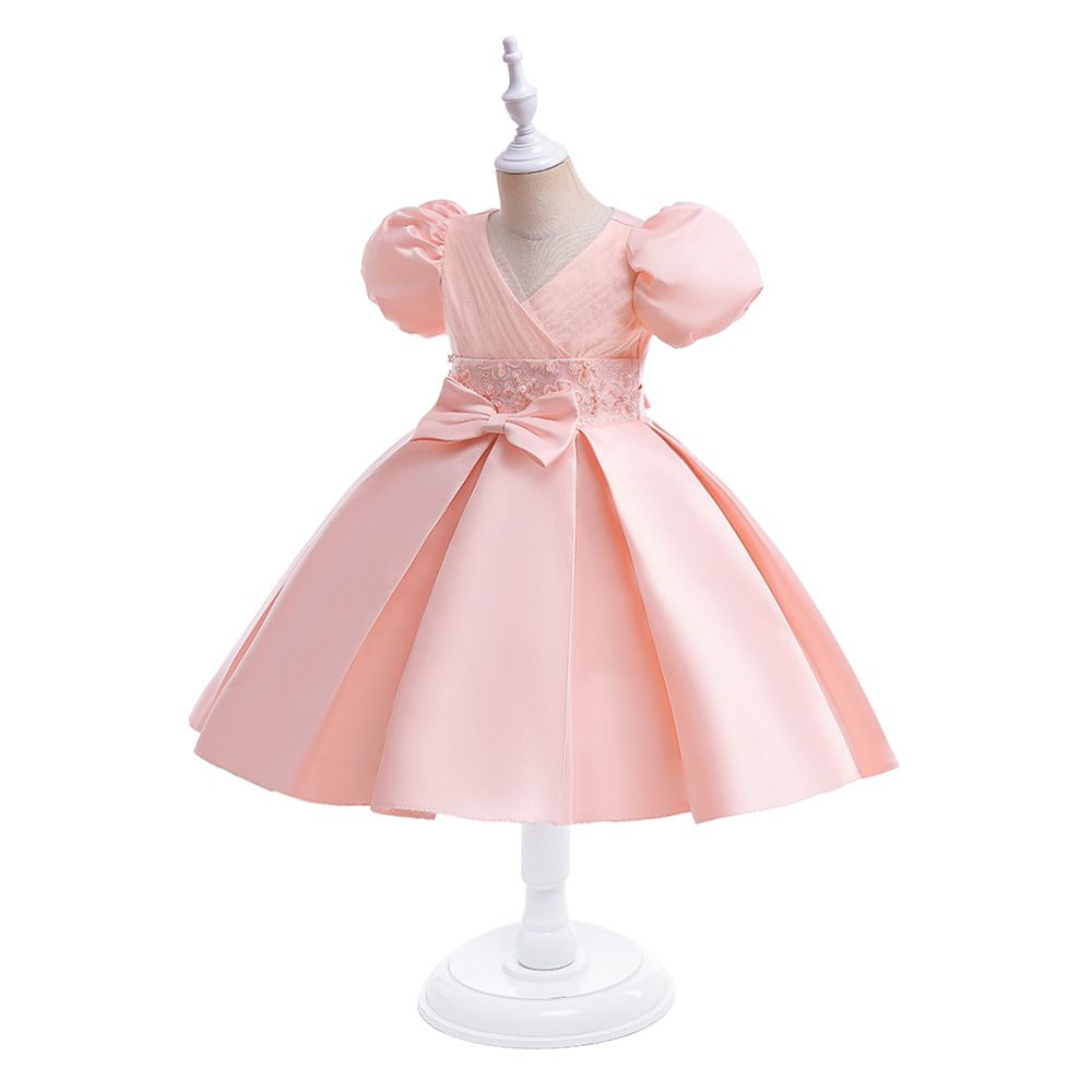 Elegant Satin Princess Dress for kids dress with Puffy Sleeves and Large Bowknot Perfect for Weddings, Performances, Fashion