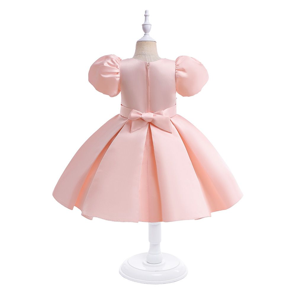 Elegant Satin Princess Dress for kids dress with Puffy Sleeves and Large Bowknot Perfect for Weddings, Performances, Fashion