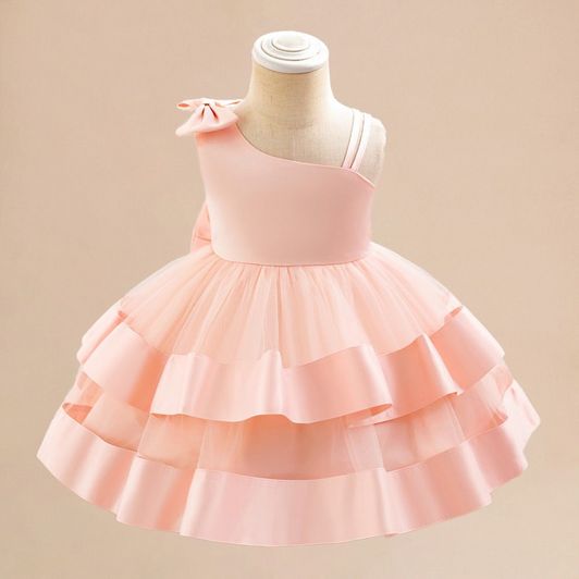 Elegant One Shoulder Bow Princess Dress and Tiered Tulle Skirt -kids dress Weddings, birthday parties, fashion shows and perform