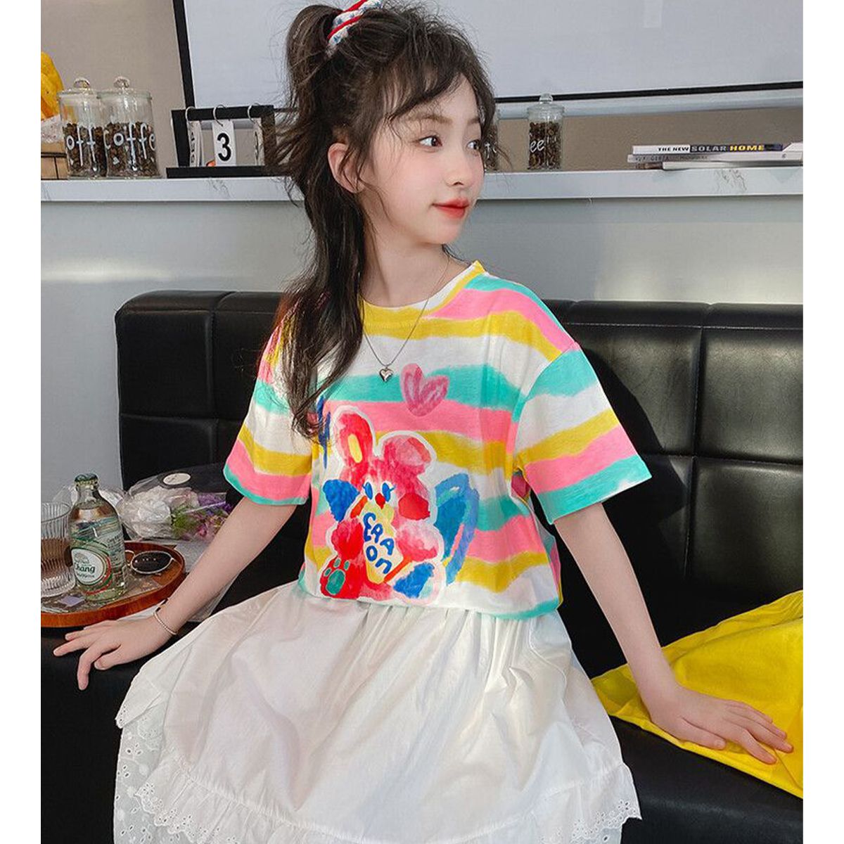 Colorful Striped T-Shirt and White Skirt Set - Trendy Summer Outfit for Girls, Wholesale Kids Clothes, Cute and Stylish Clothing