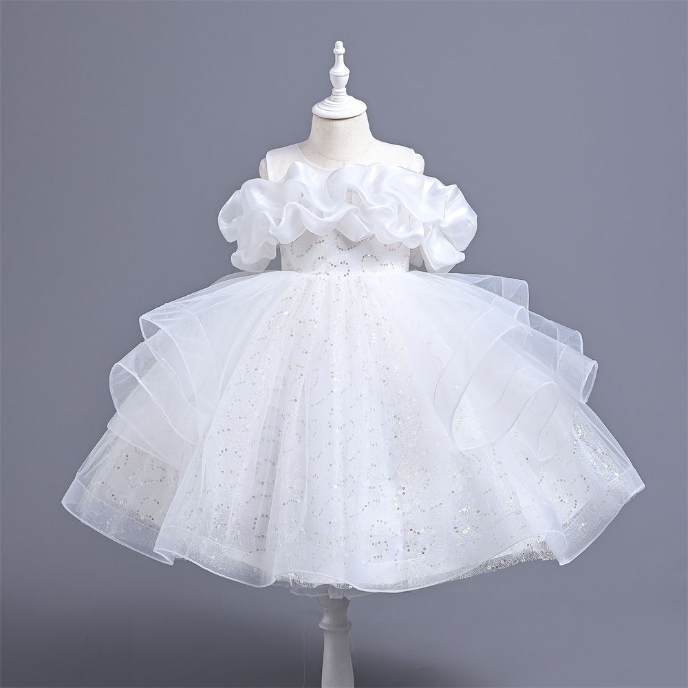 Elegant princess kids dress with ruffled bodice and sequined tulle skirt perfect for birthdays, parties and formal events