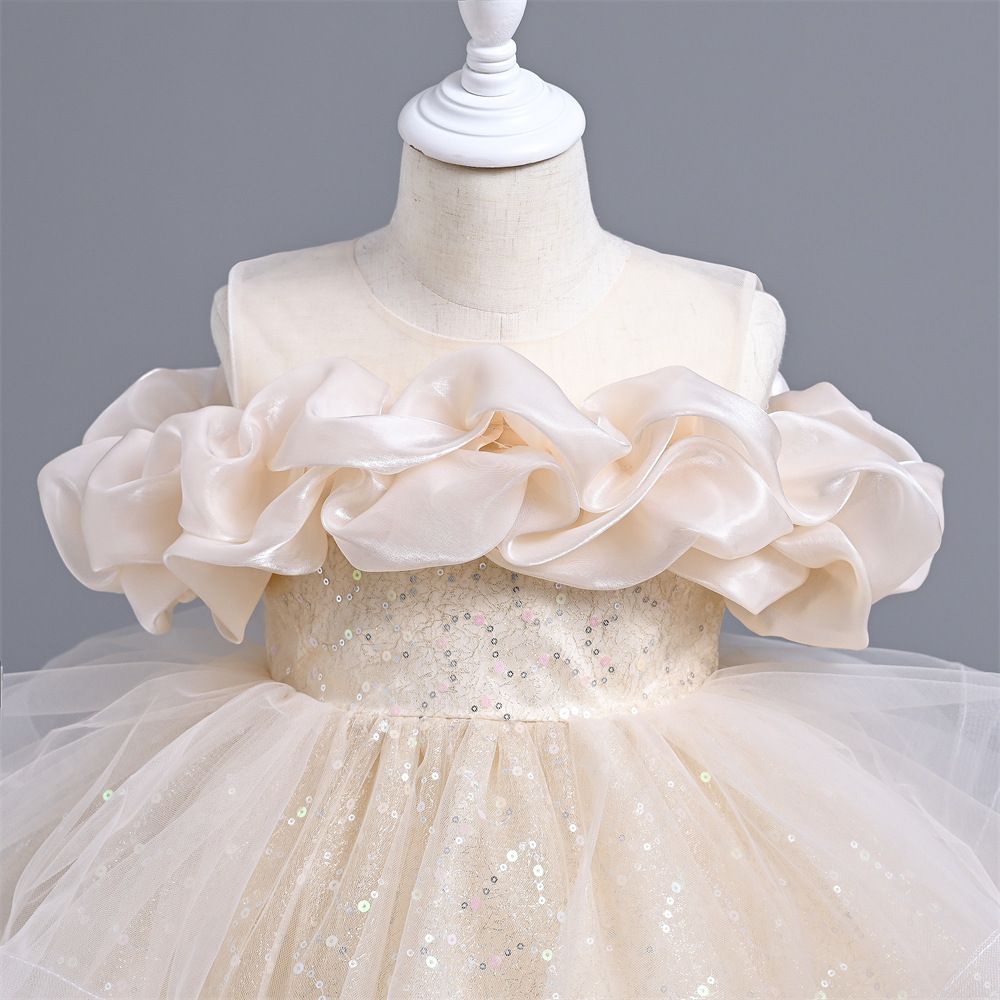 Elegant princess kids dress with ruffled bodice and sequined tulle skirt perfect for birthdays, parties and formal events