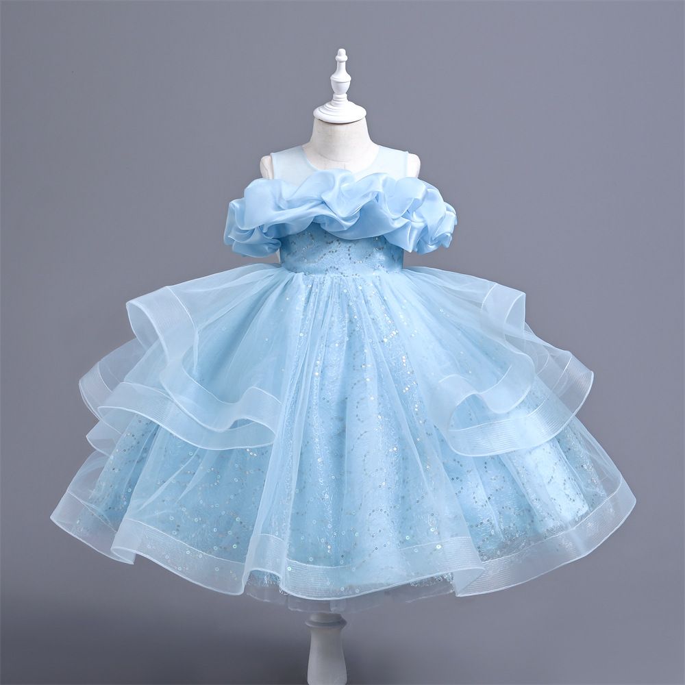 Elegant princess kids dress with ruffled bodice and sequined tulle skirt perfect for birthdays, parties and formal events