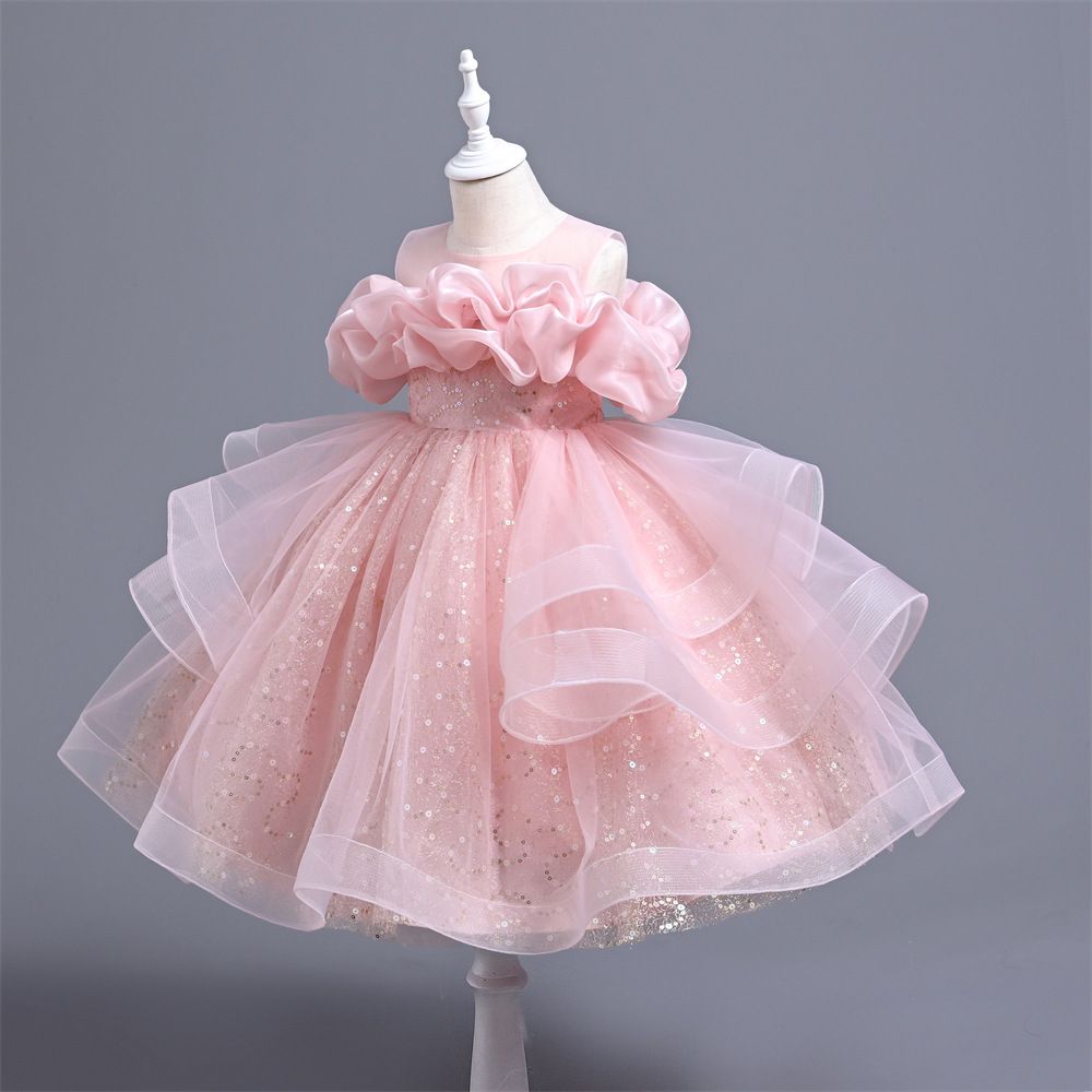 Elegant princess kids dress with ruffled bodice and sequined tulle skirt perfect for birthdays, parties and formal events