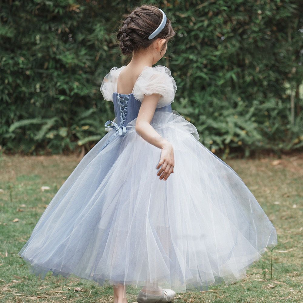 Blue Princess Dress for Kids with Puffy Sleeves and Sequined Tulle Skirt Perfect for Birthdays, Parties, and Formal Events