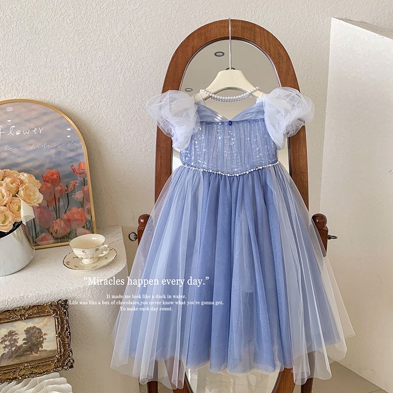 Blue Princess Dress for Kids with Puffy Sleeves and Sequined Tulle Skirt Perfect for Birthdays, Parties, and Formal Events