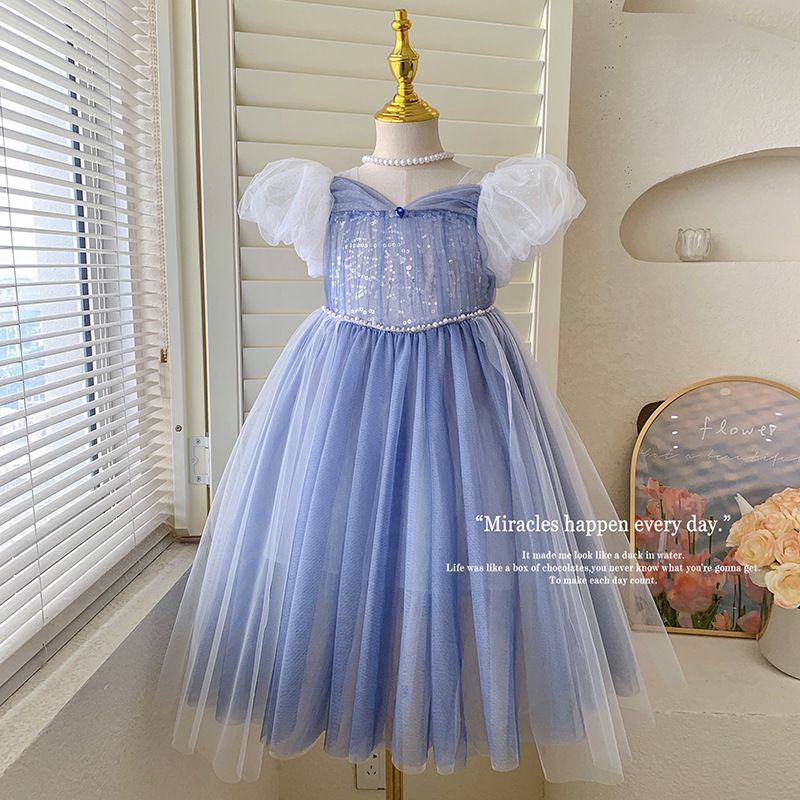 Blue Princess Dress for Kids with Puffy Sleeves and Sequined Tulle Skirt Perfect for Birthdays, Parties, and Formal Events