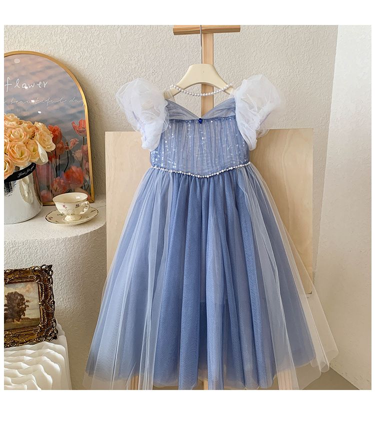 Blue Princess Dress for Kids with Puffy Sleeves and Sequined Tulle Skirt Perfect for Birthdays, Parties, and Formal Events