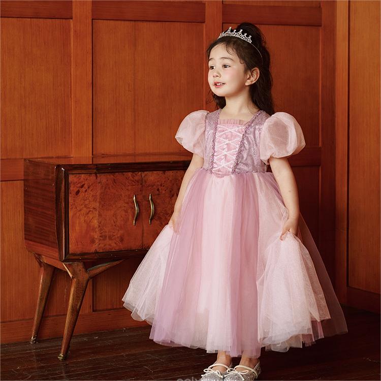 Cute Pink Princess Dress for Girls with Puffy Sleeves and Lace - Perfect for Birthdays, Parties, and Formal Events