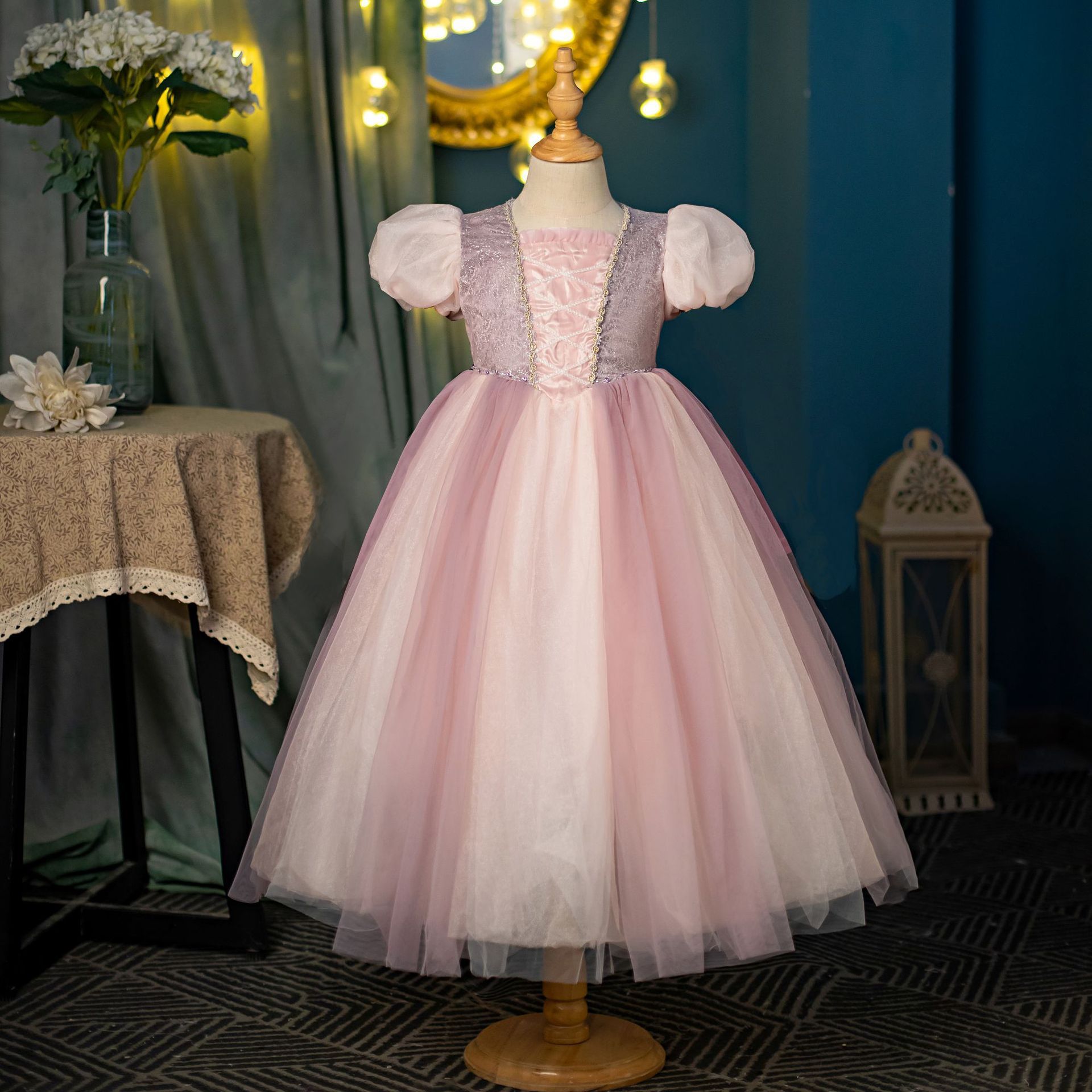 Cute Pink Princess Dress for Girls with Puffy Sleeves and Lace - Perfect for Birthdays, Parties, and Formal Events