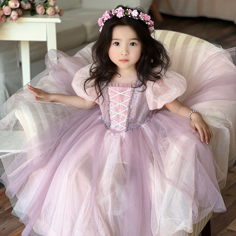 Cute Pink Princess Dress for Girls with Puffy Sleeves and Lace - Perfect for Birthdays, Parties, and Formal Events