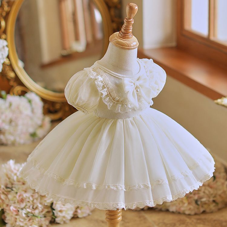 Adorable White Princess Dress for Girls with Puffy Sleeves, Lace Trim, and Bow Accent - Perfect for Birthdays, Parties, and For