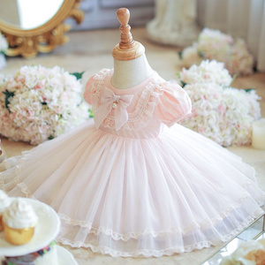 Adorable Pink Princess Dress for Girls with Puffy Sleeves, Lace Trim, and Bow Accent - Perfect for Birthdays, Parties, and Forma