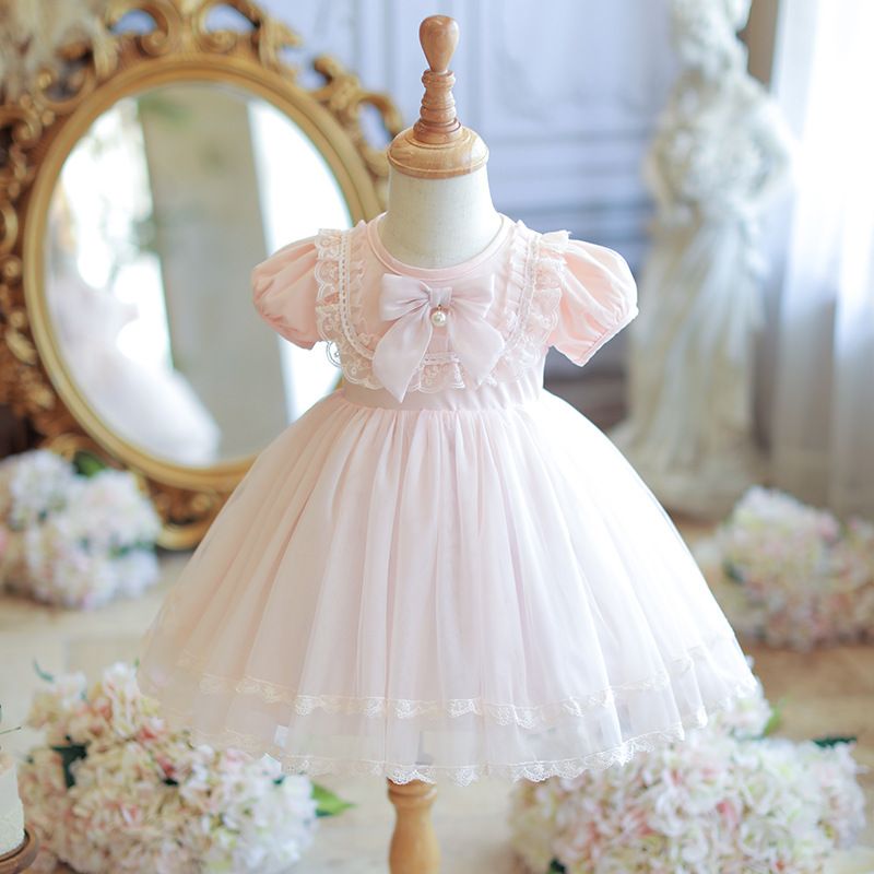 Adorable Pink Princess Dress for Girls with Puffy Sleeves, Lace Trim, and Bow Accent - Perfect for Birthdays, Parties, and Forma