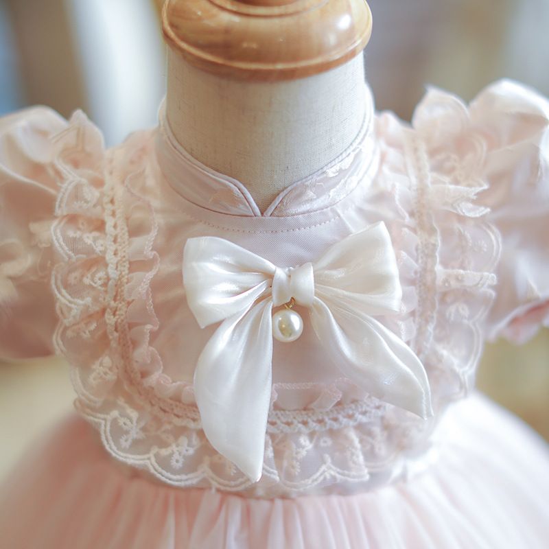 Adorable Pink Princess Dress for Girls with Puffy Sleeves, Lace Trim, and Bow Accent - Perfect for Birthdays, Parties, and Forma