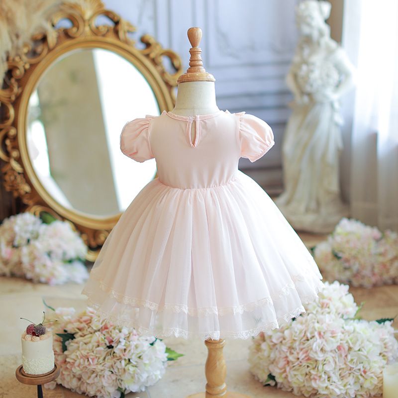 Adorable Pink Princess Dress for Girls with Puffy Sleeves, Lace Trim, and Bow Accent - Perfect for Birthdays, Parties, and Forma