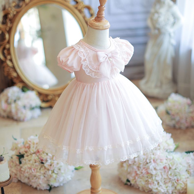 Adorable Pink Princess Dress for Girls with Puffy Sleeves, Lace Trim, and Bow Accent - Perfect for Birthdays, Parties, and Forma