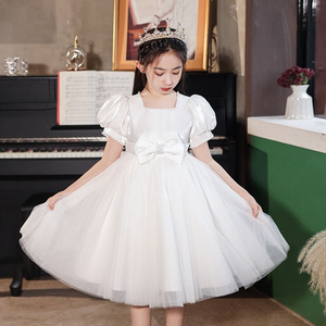 Elegant White Princess Dress for Girls with Puffy Sleeves and Bow - Perfect for Birthdays, Parties, and Formal Events