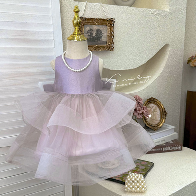 Girls' Purple Layered Princess Dress with Bow - Perfect for Birthday Parties and Formal Events