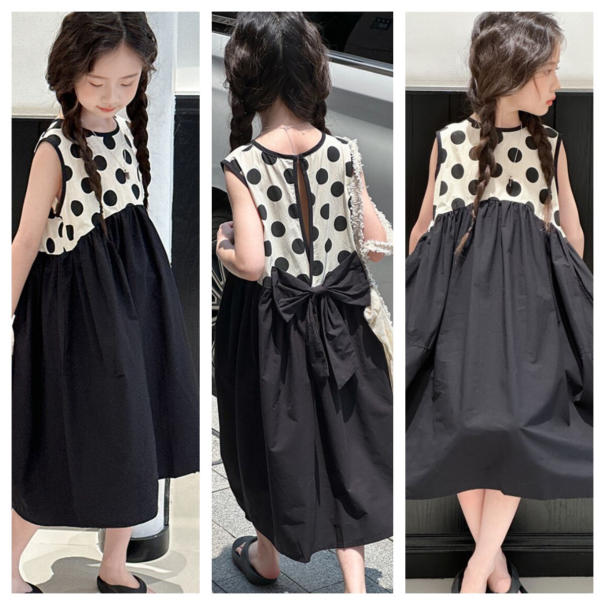 Summer Black and White Polka Dot Dress Floral Female Short-Sleeved Beach Korean Children's Skirt Retro Ins Girls Clothes