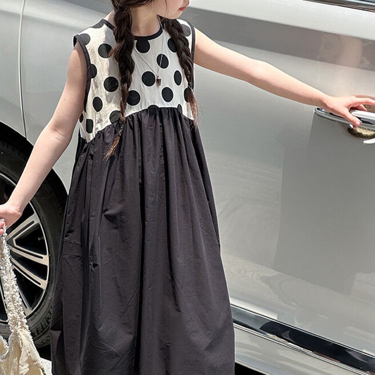 Summer Black and White Polka Dot Dress Floral Female Short-Sleeved Beach Korean Children's Skirt Retro Ins Girls Clothes