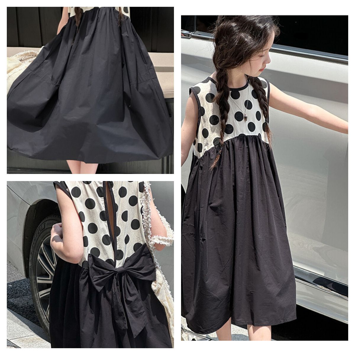 Summer Black and White Polka Dot Dress Floral Female Short-Sleeved Beach Korean Children's Skirt Retro Ins Girls Clothes