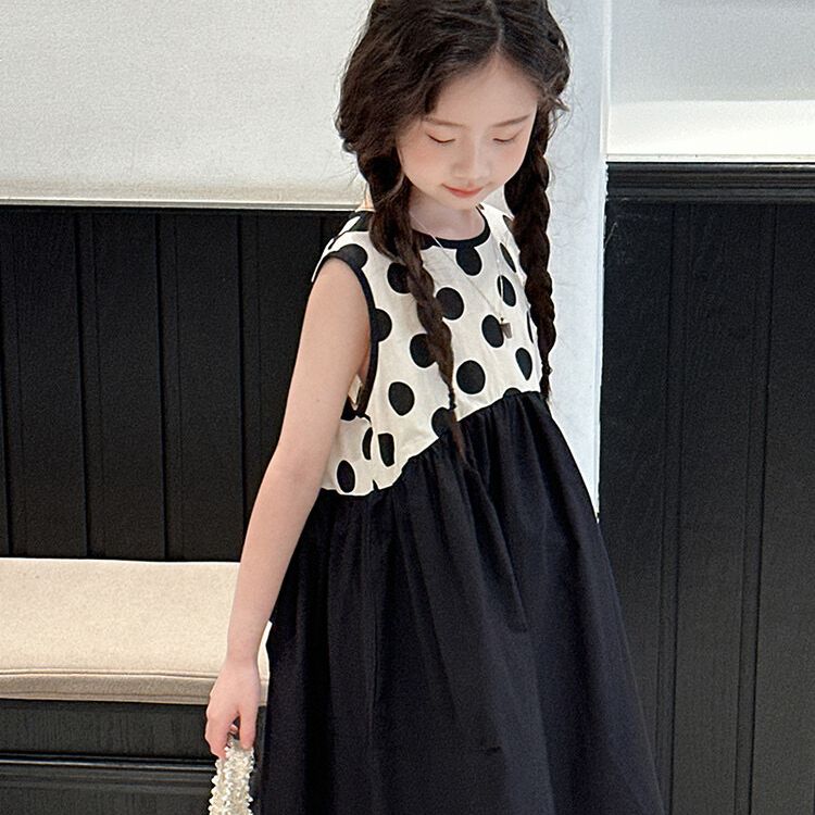 Summer Black and White Polka Dot Dress Floral Female Short-Sleeved Beach Korean Children's Skirt Retro Ins Girls Clothes