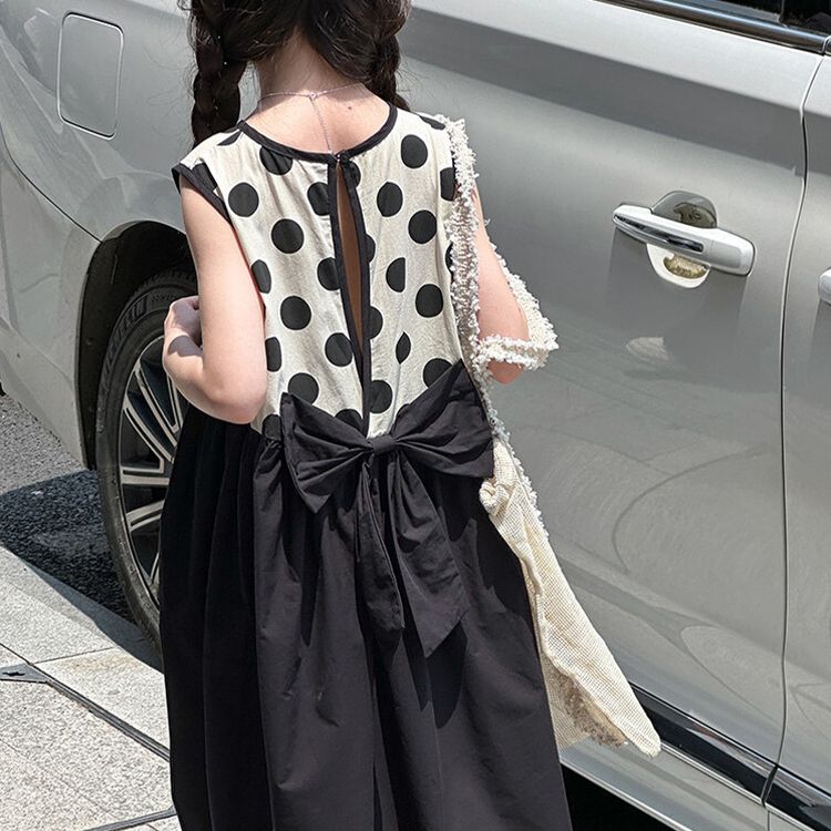 Summer Black and White Polka Dot Dress Floral Female Short-Sleeved Beach Korean Children's Skirt Retro Ins Girls Clothes