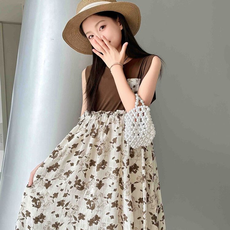 Floral Sleeveless Summer Dress for Girls - Cute Bowknot Embellished Brown and White Dress, Casual Fashion, Wholesale Kids Cloth