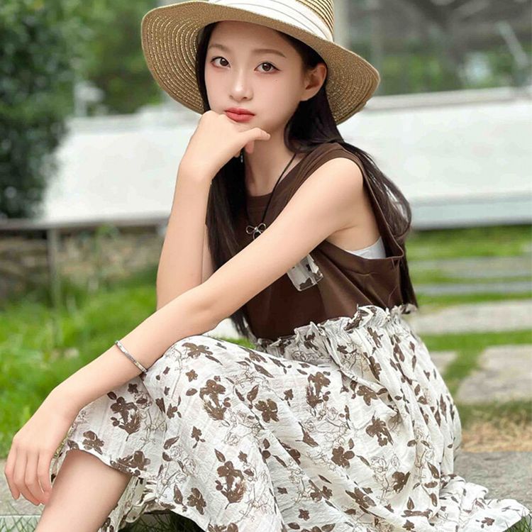 Floral Sleeveless Summer Dress for Girls - Cute Bowknot Embellished Brown and White Dress, Casual Fashion, Wholesale Kids Cloth