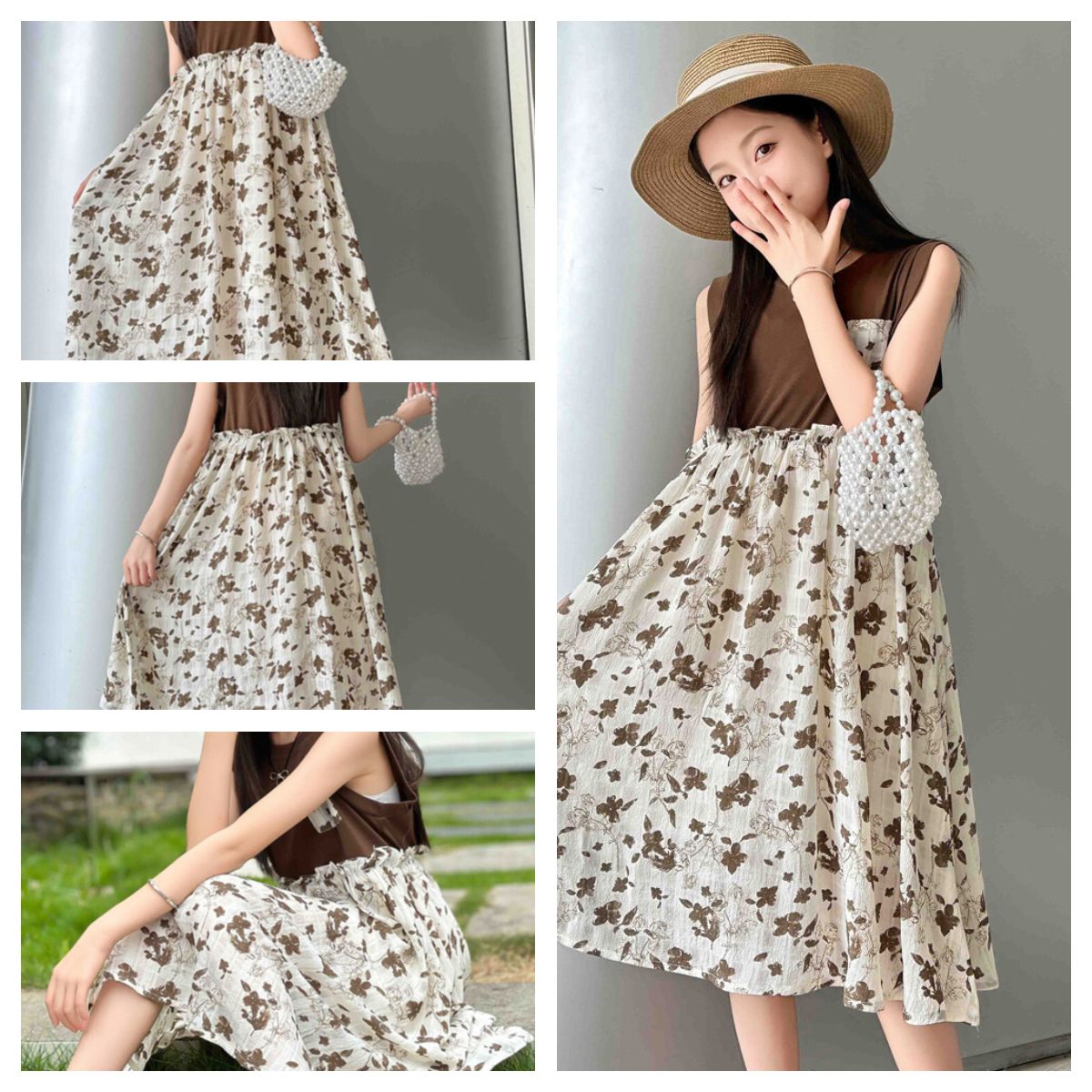 Floral Sleeveless Summer Dress for Girls - Cute Bowknot Embellished Brown and White Dress, Casual Fashion, Wholesale Kids Cloth