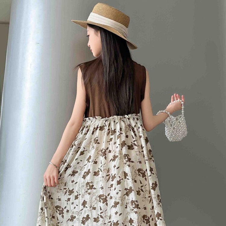 Floral Sleeveless Summer Dress for Girls - Cute Bowknot Embellished Brown and White Dress, Casual Fashion, Wholesale Kids Cloth