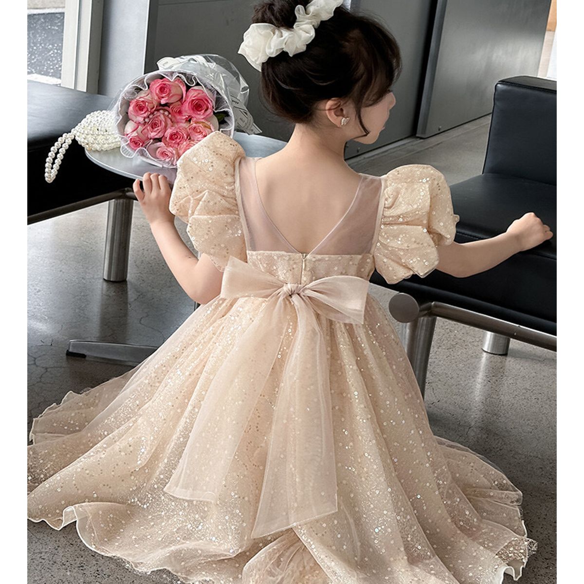 Luxury Kids Sequin Party Dress Summer Girls' Puff Sleeve Tulle Gown Elegant Wedding & Birthday Clothing Wholesale Kids Clothes