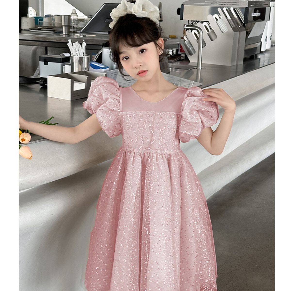 Luxury Kids Sequin Party Dress Summer Girls' Puff Sleeve Tulle Gown Elegant Wedding & Birthday Clothing Wholesale Kids Clothes