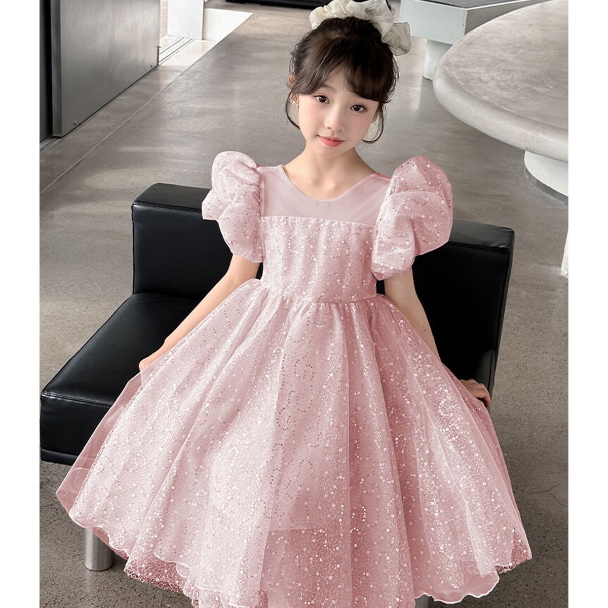 Luxury Kids Sequin Party Dress Summer Girls' Puff Sleeve Tulle Gown Elegant Wedding & Birthday Clothing Wholesale Kids Clothes