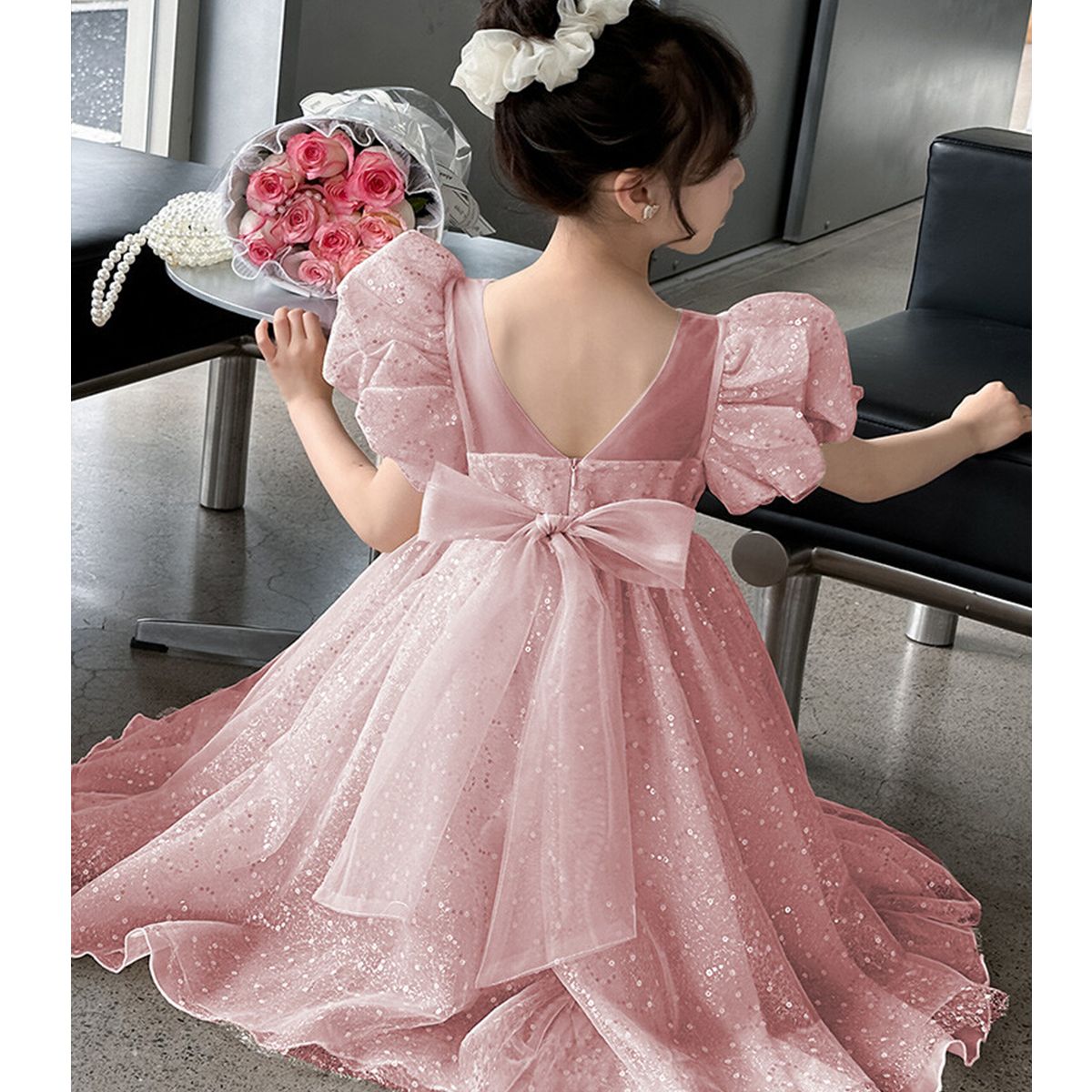 Luxury Kids Sequin Party Dress Summer Girls' Puff Sleeve Tulle Gown Elegant Wedding & Birthday Clothing Wholesale Kids Clothes