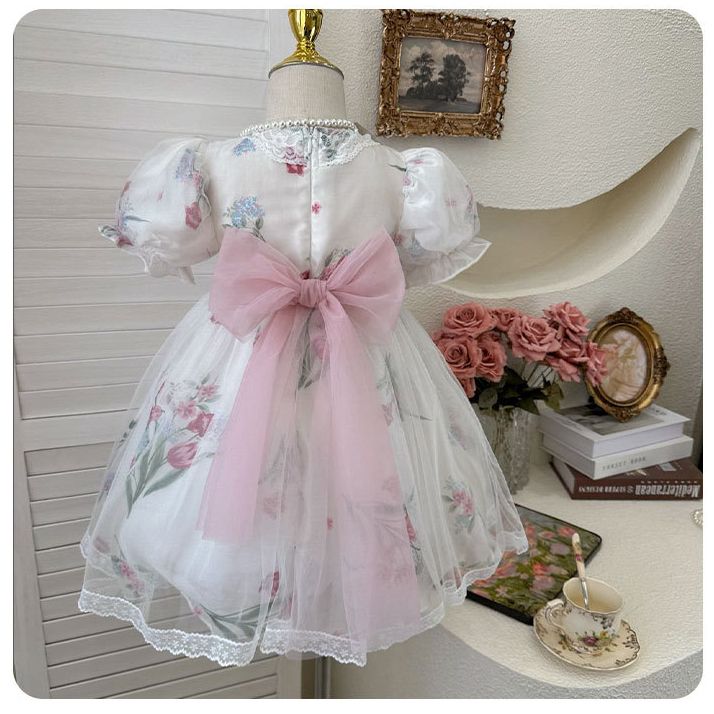 Girls' Floral Princess Dress 2024 Summer Collection - Super Fairy Mesh Lace Dress with Bow, Trendy Puff Sleeve Elegant Party Wea