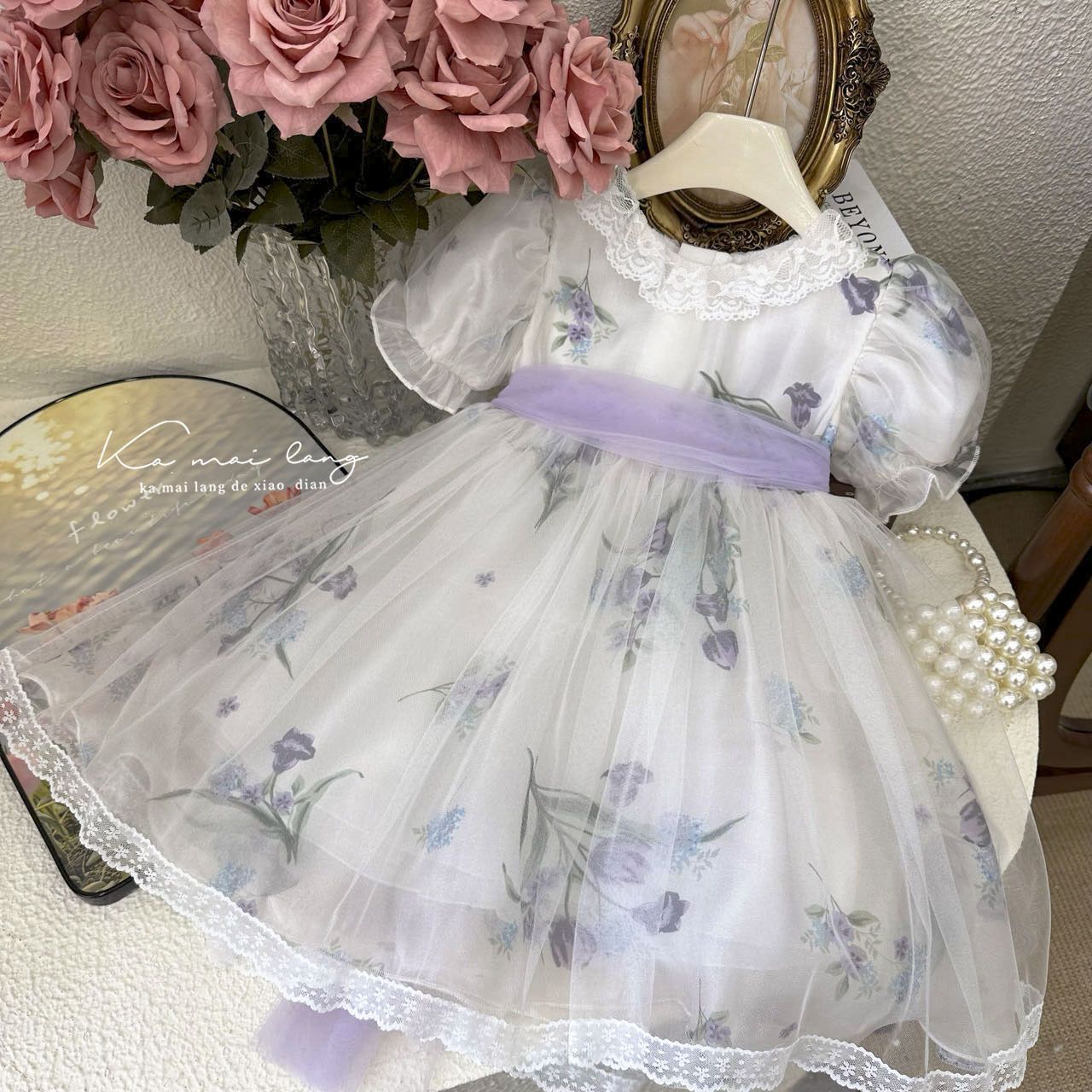 Girls' Floral Princess Dress 2024 Summer Collection - Super Fairy Mesh Lace Dress with Bow, Trendy Puff Sleeve Elegant Party Wea