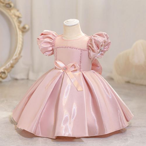 Girls' Shiny Satin Dress with Puff Sleeves and Bowknot - Elegant 2024 Summer Princess Birthday and Party Outfit