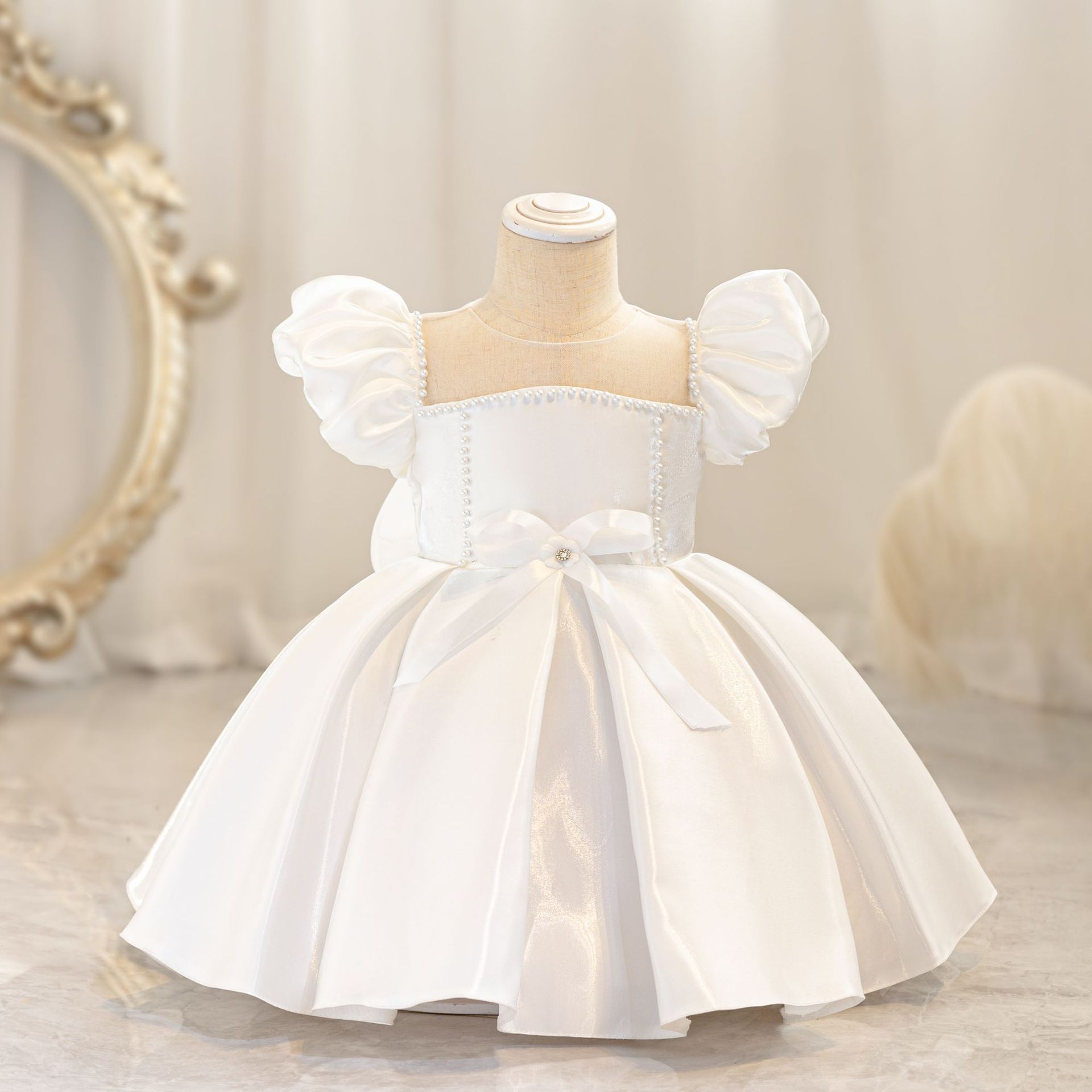 Girls' Shiny Satin Dress with Puff Sleeves and Bowknot - Elegant 2024 Summer Princess Birthday and Party Outfit