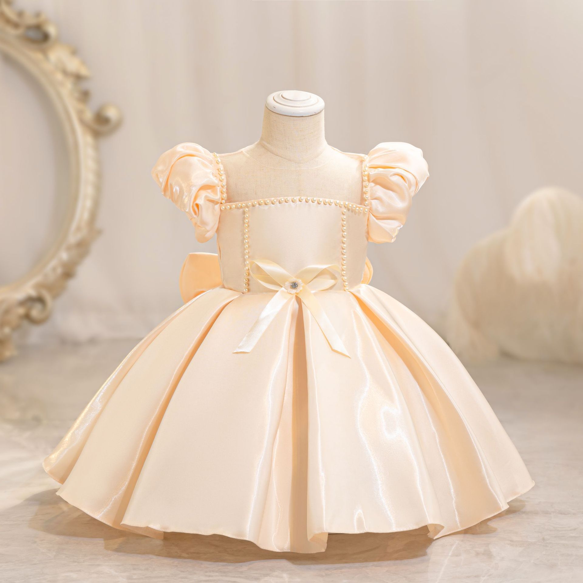 Girls' Shiny Satin Dress with Puff Sleeves and Bowknot - Elegant 2024 Summer Princess Birthday and Party Outfit