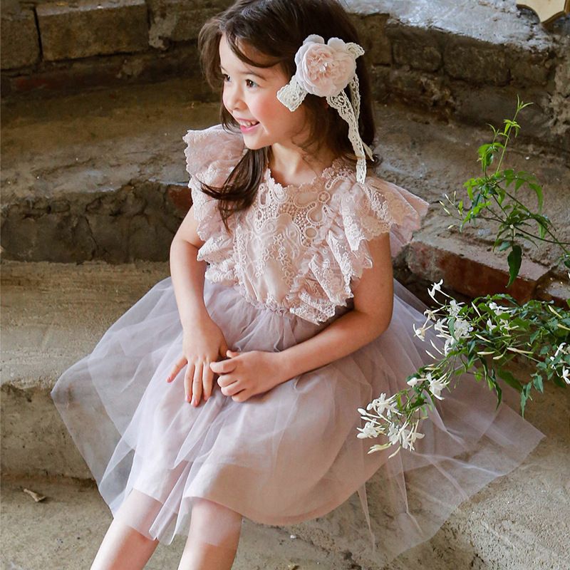 Girls' Lace and Tulle Princess Dress - 2024 Summer Collection, Elegant Flutter Sleeve Birthday and Party Dress for Little Girls