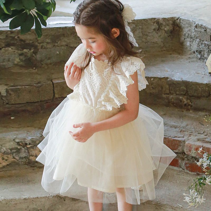 Girls' Lace and Tulle Princess Dress - 2024 Summer Collection, Elegant Flutter Sleeve Birthday and Party Dress for Little Girls