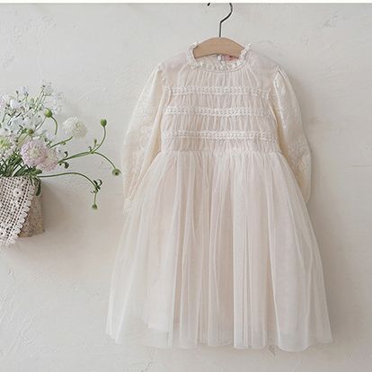 Girls' Lace Long Sleeve Princess Dress - 2024 Summer Collection, Dreamy Tulle Birthday and Party Dress for Little Girls