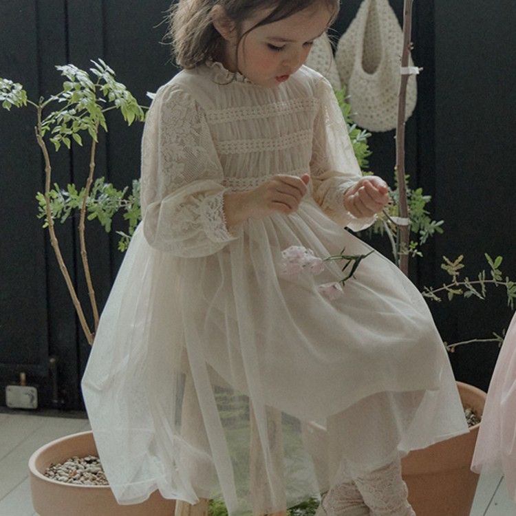 Girls' Lace Long Sleeve Princess Dress - 2024 Summer Collection, Dreamy Tulle Birthday and Party Dress for Little Girls