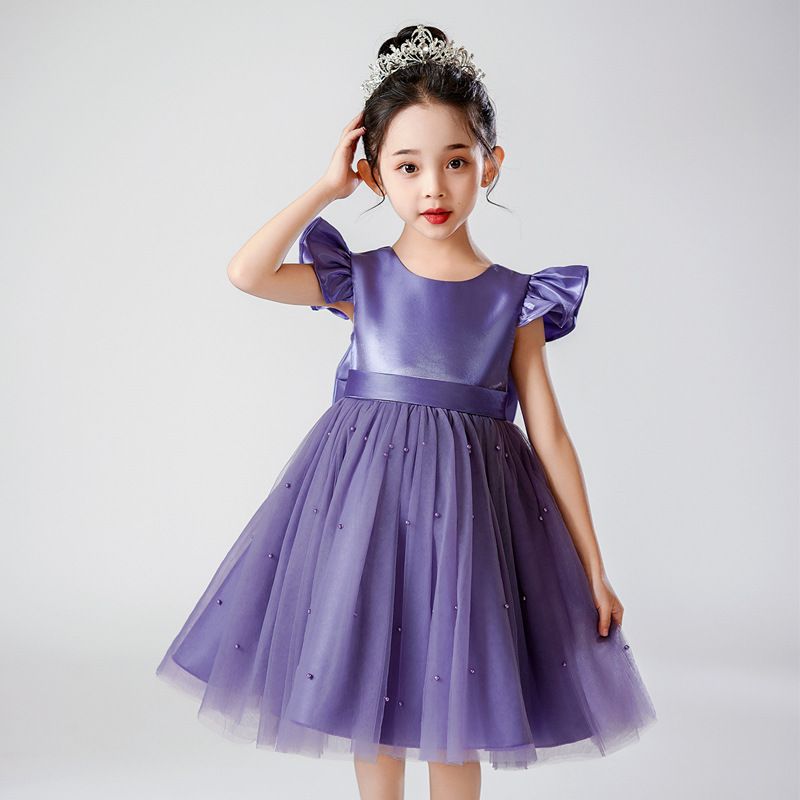 Girls' Satin and Tulle Princess Dress - 2024 Summer Collection, Elegant Flutter Sleeve Party and Birthday Dress with Bowknot