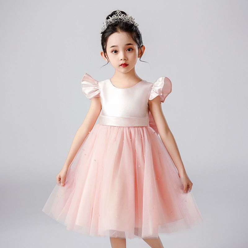 Girls' Satin and Tulle Princess Dress - 2024 Summer Collection, Elegant Flutter Sleeve Party and Birthday Dress with Bowknot