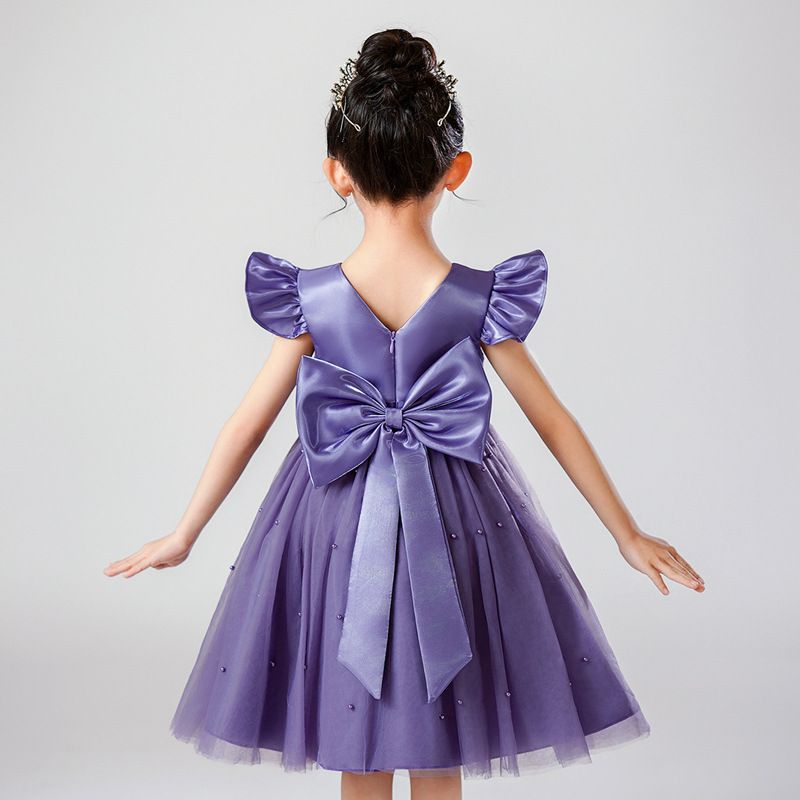 Girls' Satin and Tulle Princess Dress - 2024 Summer Collection, Elegant Flutter Sleeve Party and Birthday Dress with Bowknot