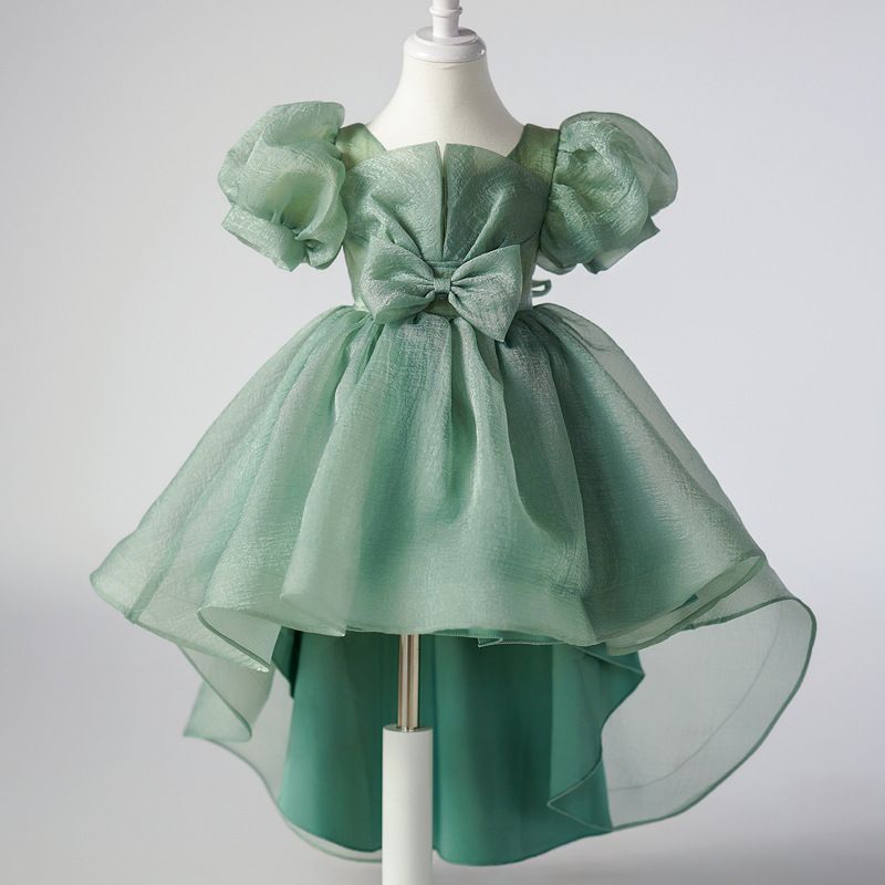 Girls' Puff Sleeve High-Low Princess Dress - 2024 Summer Collection, Elegant Bowknot Party and Birthday Outfit